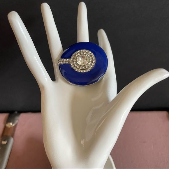 Royal Blue Enamel Round Shaped Stretch Cocktail Ring In Silver Plating Size 7/9 - Picture 3 of 9